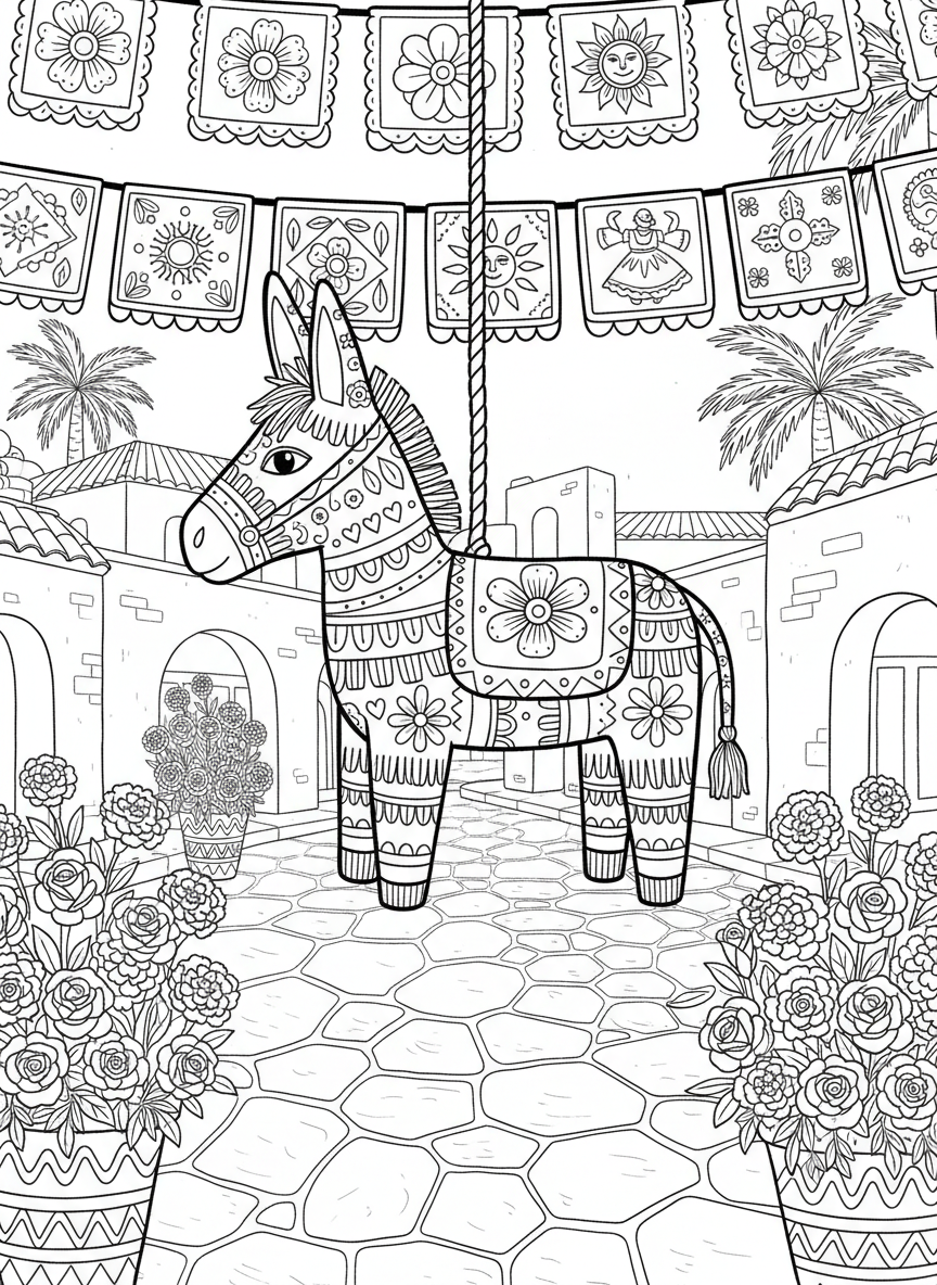 A festive Fiesta scene with papel picado banners, flowers, and a decorated donkey piñata, celebrating San Antonio culture in simple line-art.