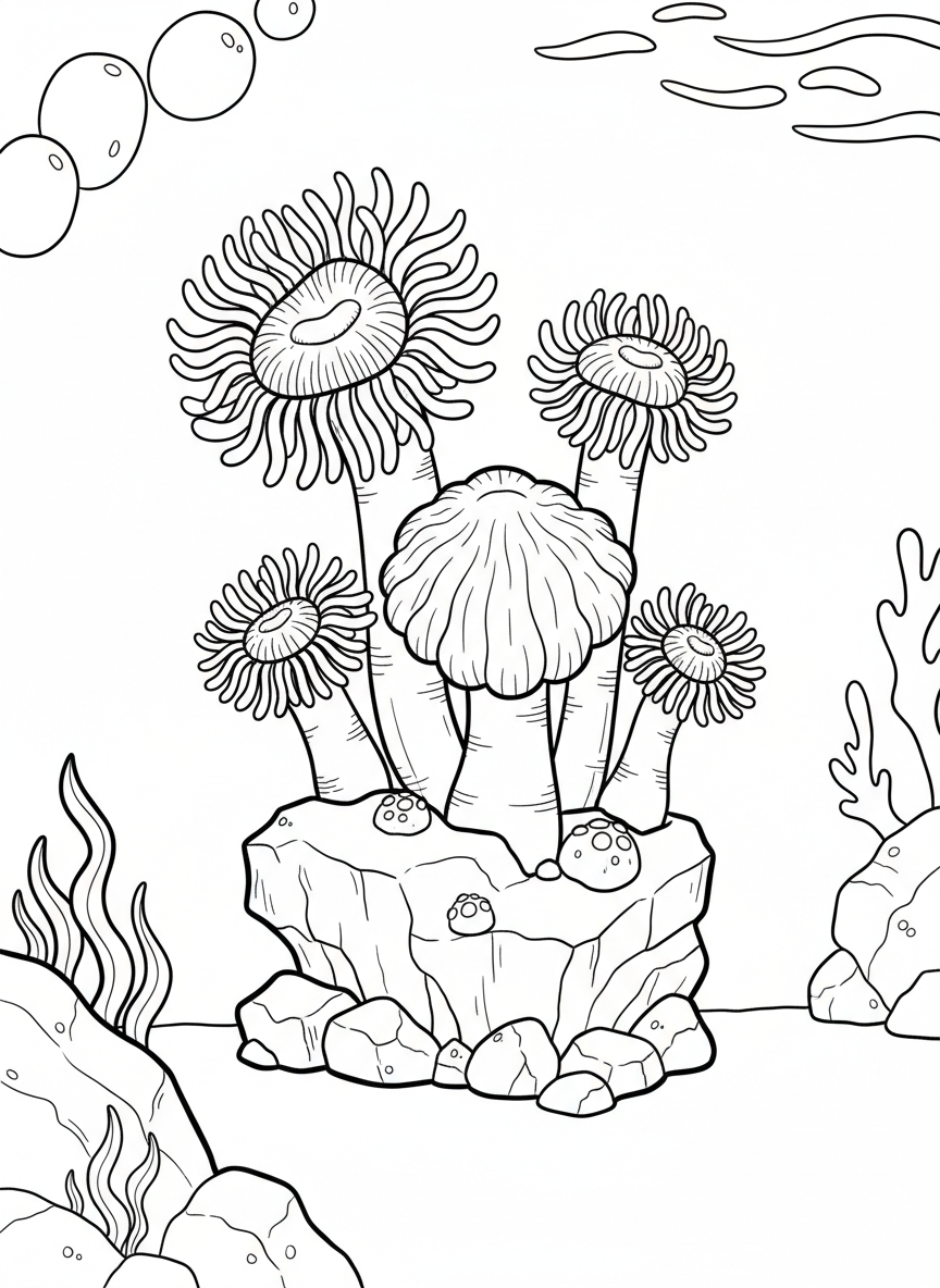 Sea anemone bouquet arrangement showing five anemones of different heights clustered like underwater flowers on rocks