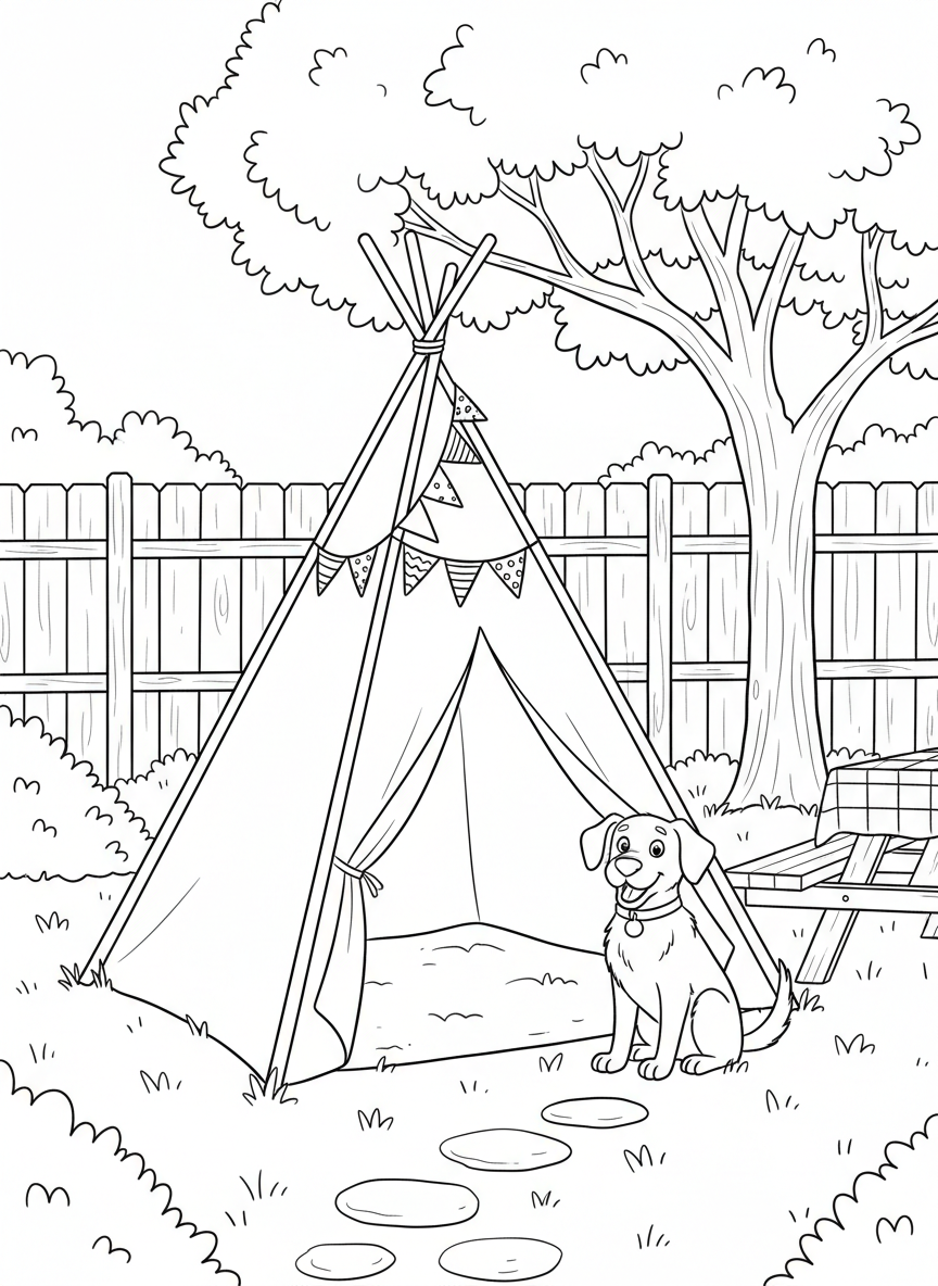 A teepee-style tent decorated with bunting flags in a backyard with a dog sitting happily beside it.