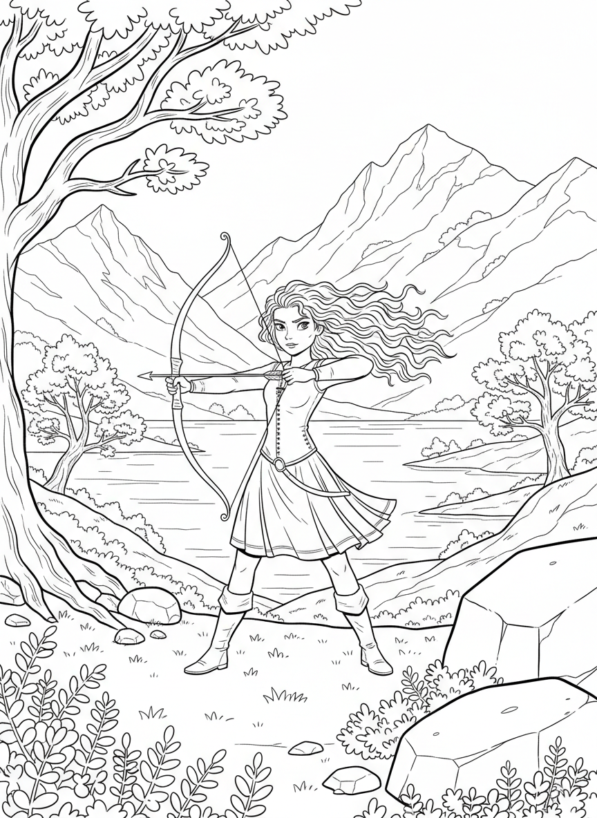 A brave archer princess with curly red hair holding a bow, standing in a Scottish highland landscape with mountains