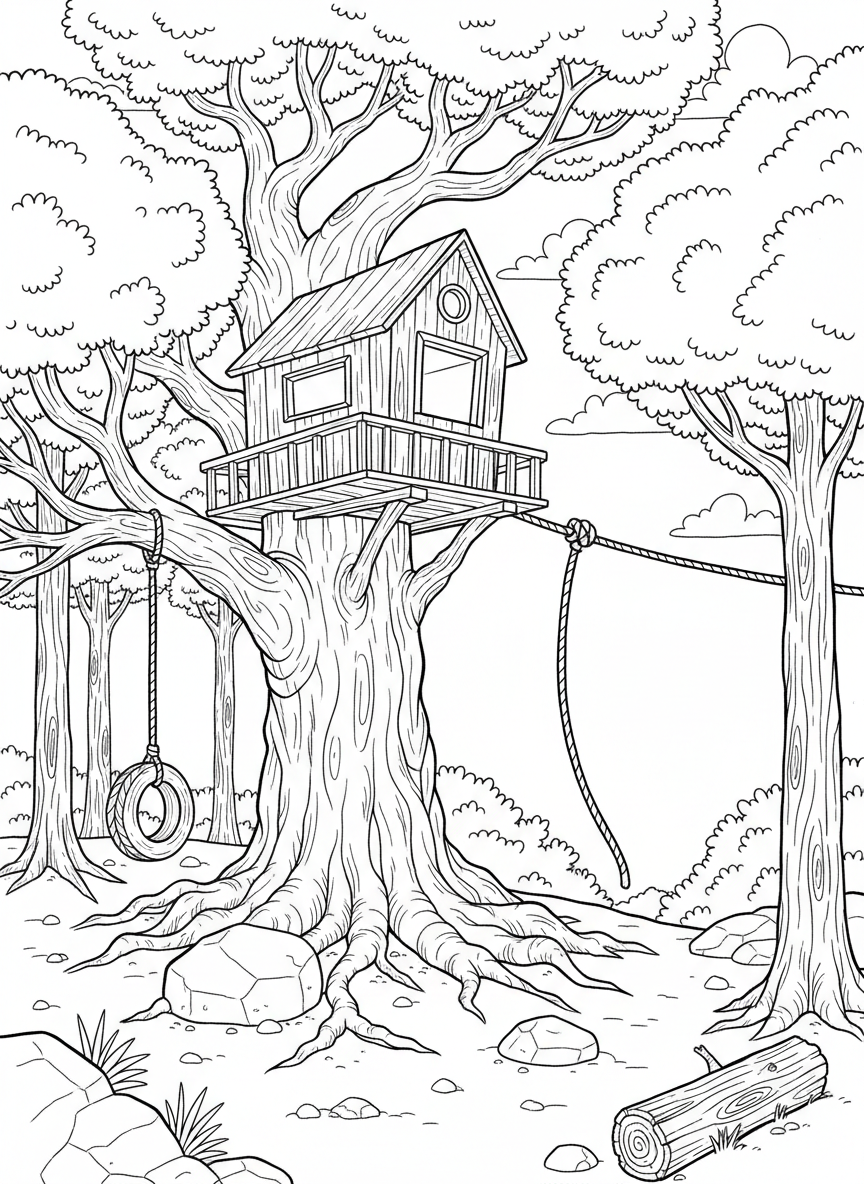 A single treehouse with a zip line going down to the ground, a tire swing hanging from another branch, simple forest setting