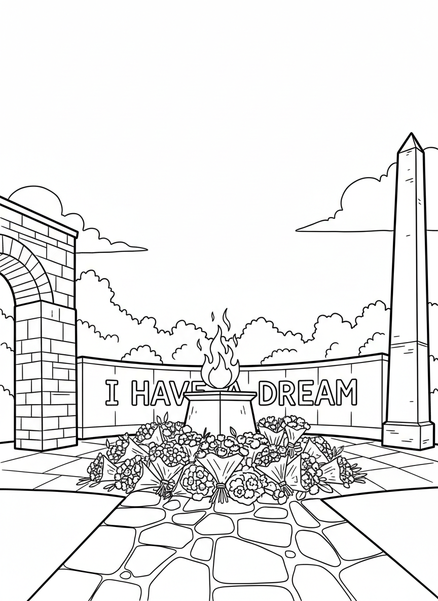 Memorial scene with eternal flame, flowers, and Martin Luther King Jr.'s famous quote 'I Have a Dream' in decorative letters