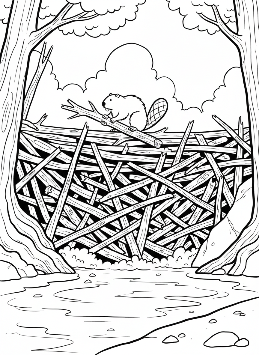 A beaver dam made of sticks and logs across a stream, with one beaver on top arranging branches, water flowing underneath