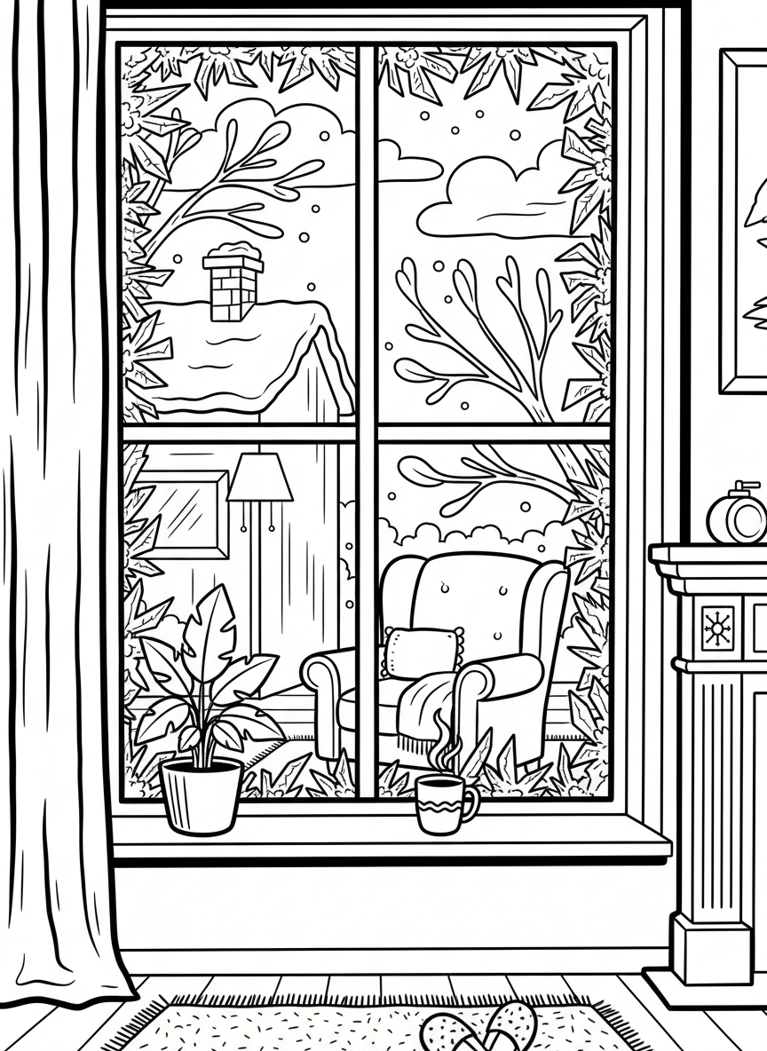 A winter window scene showing frost patterns on the glass with a warm room visible inside