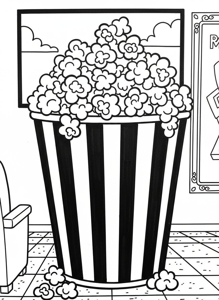 A popcorn bucket overflowing with fluffy popcorn kernels, perfect for movie time, with a simple striped design.