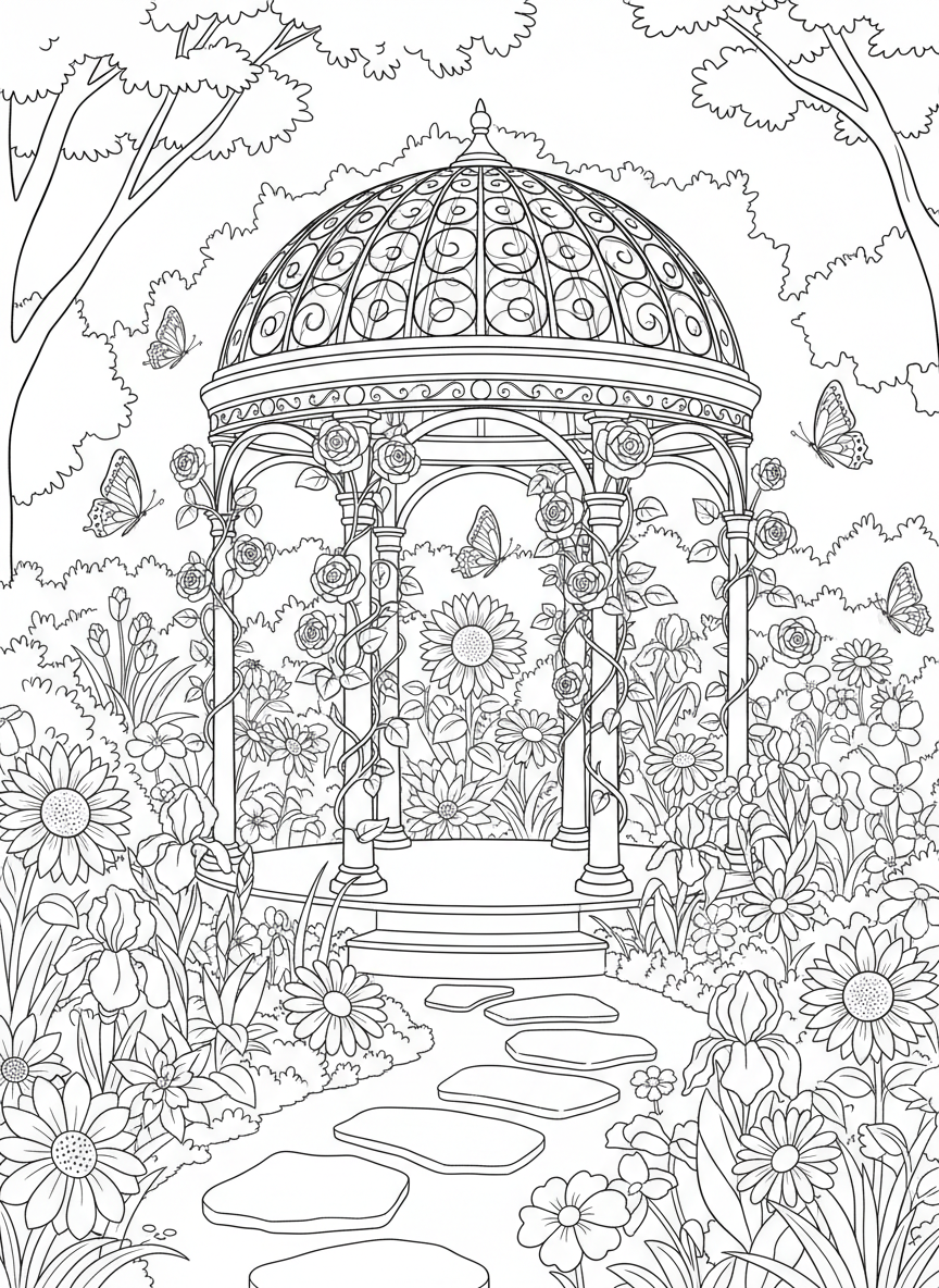 The Dallas Arboretum garden scene with flowers, butterflies, and a gazebo, peaceful nature coloring page with botanical details