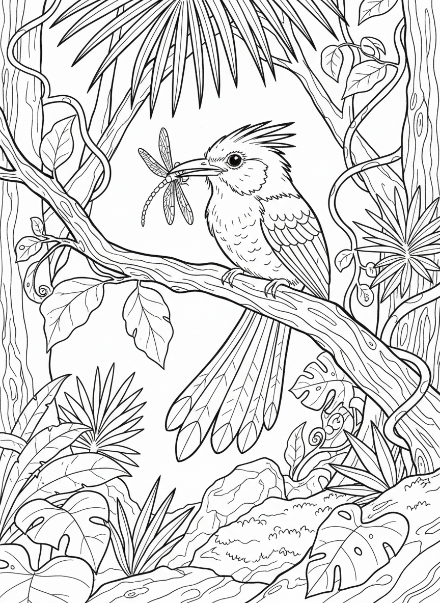A motmot bird with its distinctive racket-tail feathers sitting on a branch, catching a dragonfly in the jungle.