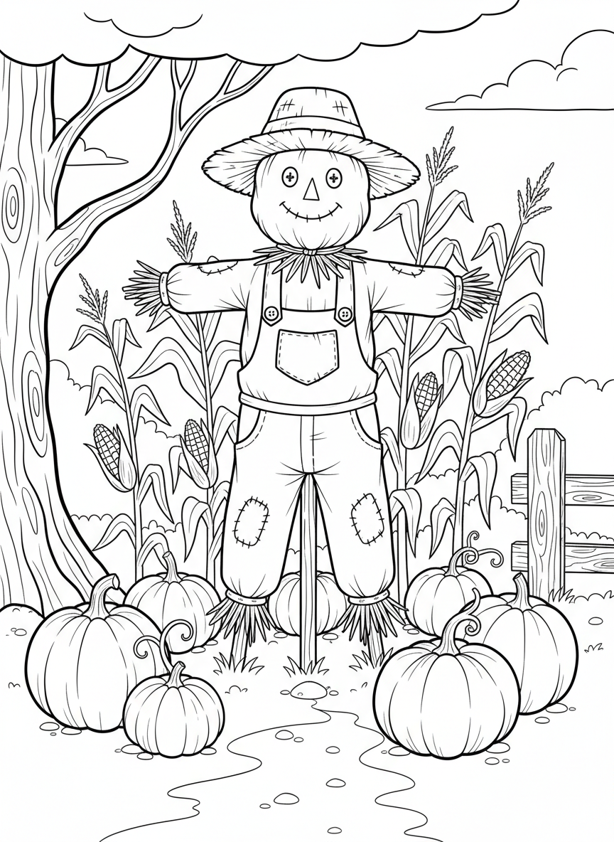 A scarecrow wearing overalls and a straw hat standing in a pumpkin patch with corn stalks nearby, fun autumn farm scene.