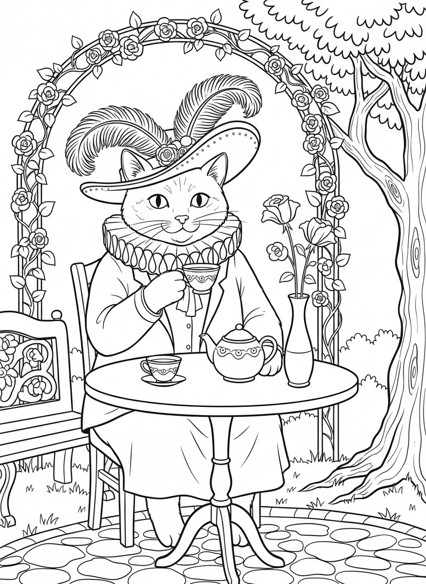 A cat wearing a fancy hat sitting at a tea table, one paw raised as if toasting with a teacup, flowers in a vase behind.