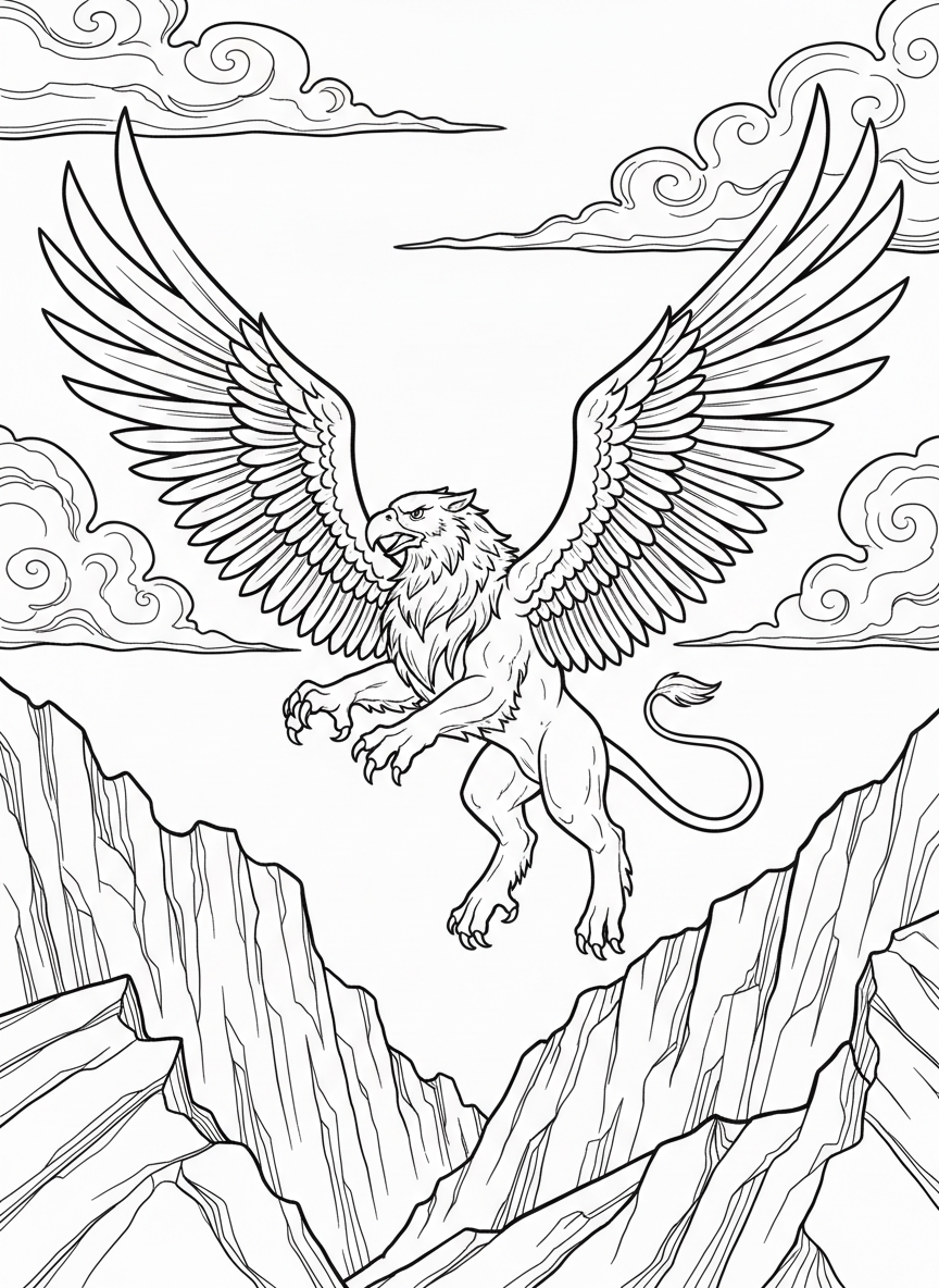 A griffin soaring above rugged cliffs with powerful wings spread across a dramatic sky.
