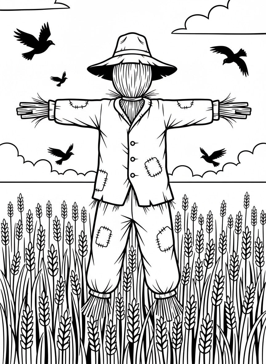 A scarecrow standing in the middle of a wheat field with arms outstretched, wearing a hat and patched clothes, with birds flying overhead.