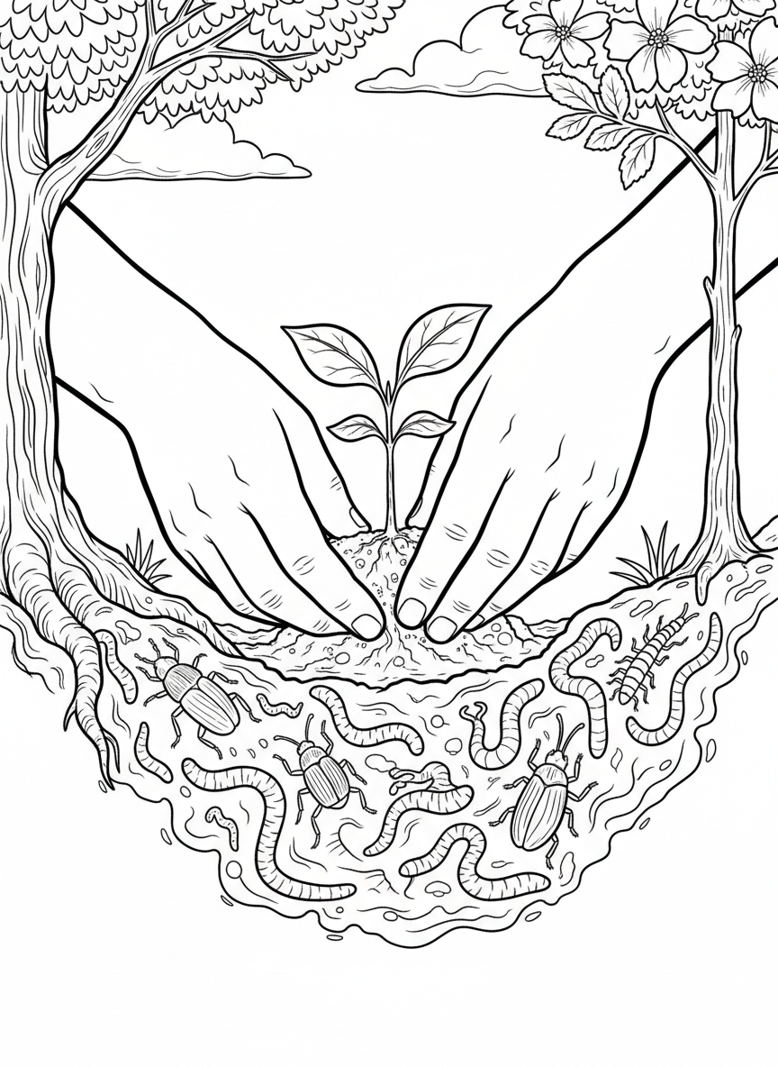 Close-up of hands gently placing a seedling into rich soil, with worms and helpful insects visible underground.