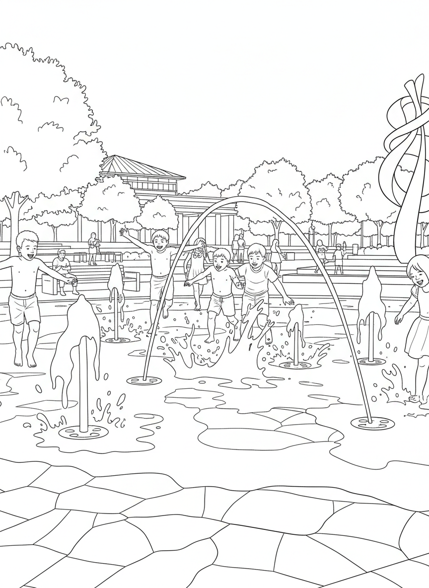 Children splashing in the fountains at Klyde Warren Park on a sunny day, playful outdoor activity coloring page