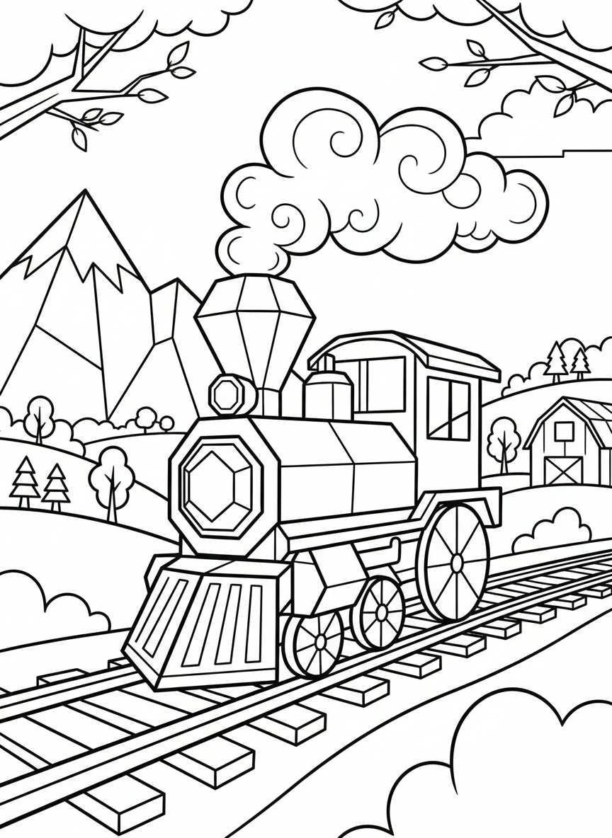An origami train engine with geometric wheels and smokestack, traveling on railroad tracks through a countryside landscape.
