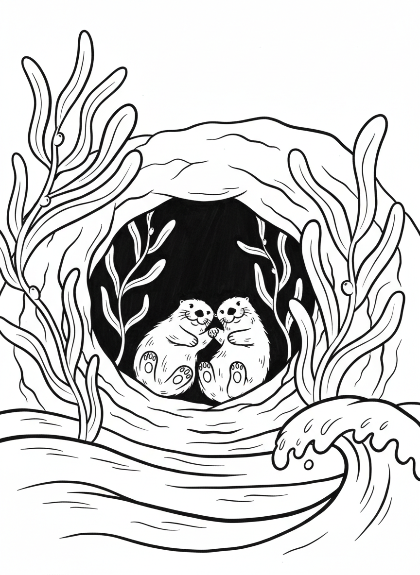 Two sea otters holding hands while floating near the entrance of a cozy underwater cave filled with kelp