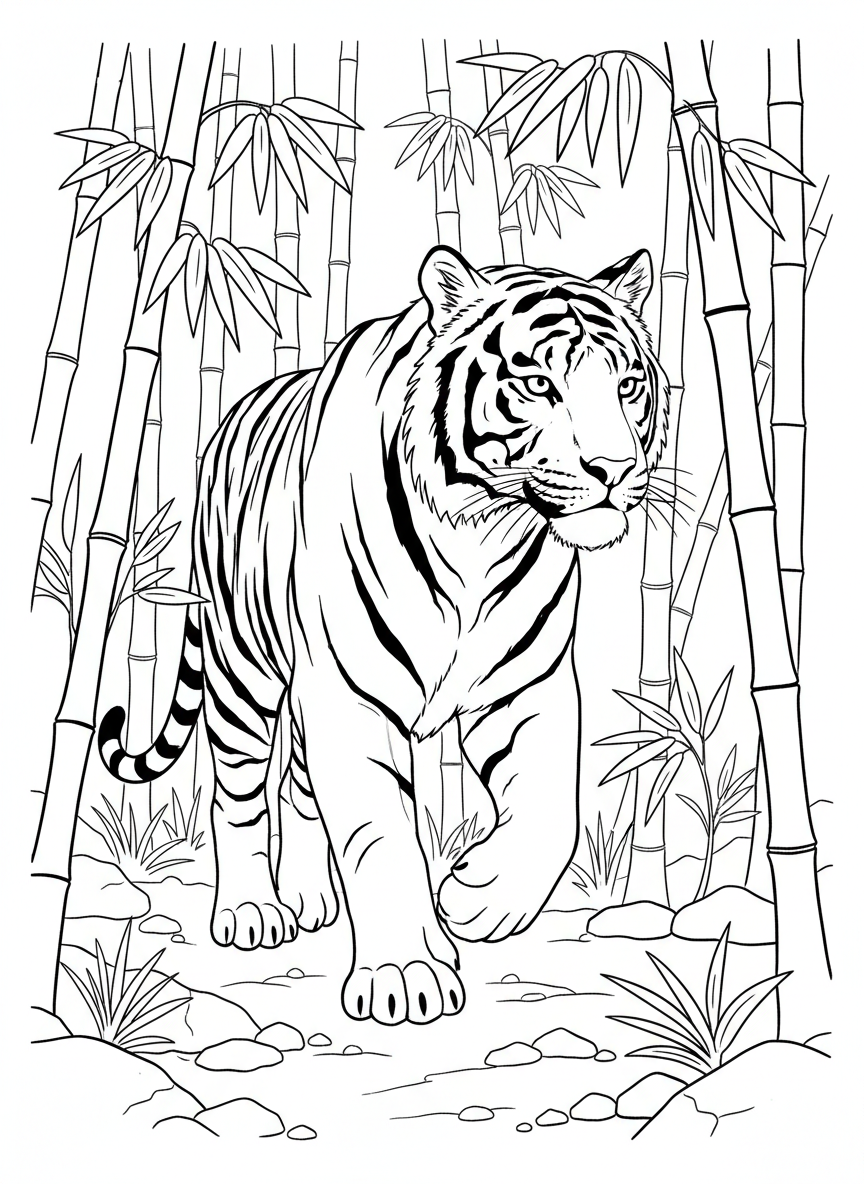 A tiger walking through bamboo forest, displaying its stripes and powerful stance