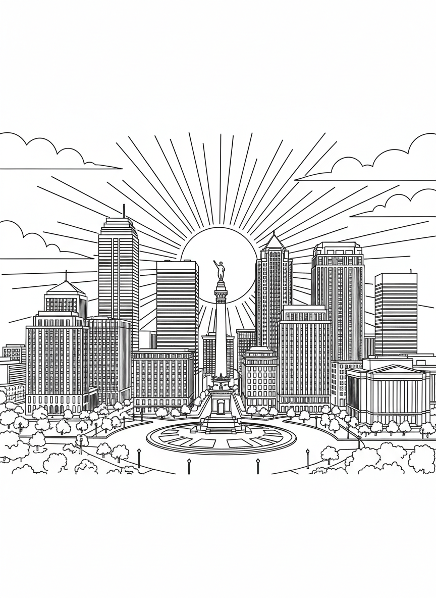 The iconic Indianapolis skyline showing multiple buildings of different heights with Monument Circle visible, sunset scene.