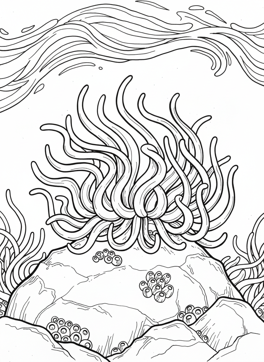 A sea anemone with long flowing tentacles bending in the current, attached to a large rock with barnacles nearby