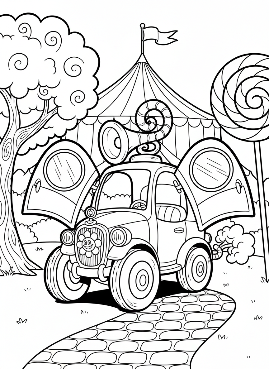A clown car with exaggerated round wheels, oversized doors, and silly details like a horn on top.