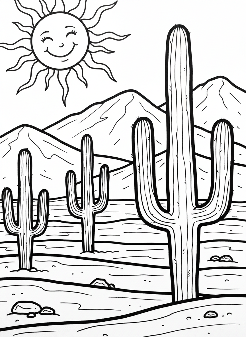 A simple desert scene with three different sized saguaro cacti, mountains in the distance, and a smiling sun overhead