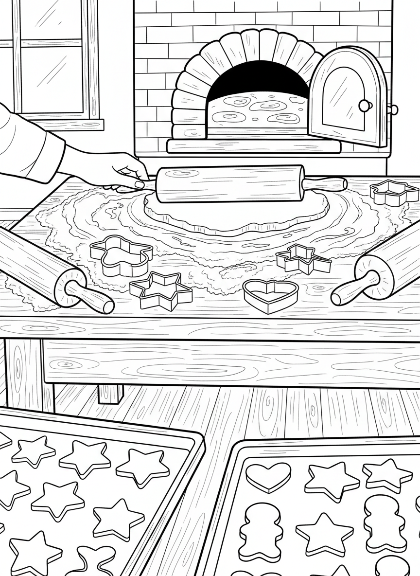A cookie baking scene with rolling pins, cookie cutters, flour dusted across the table, and trays of shaped cookies ready for the oven.