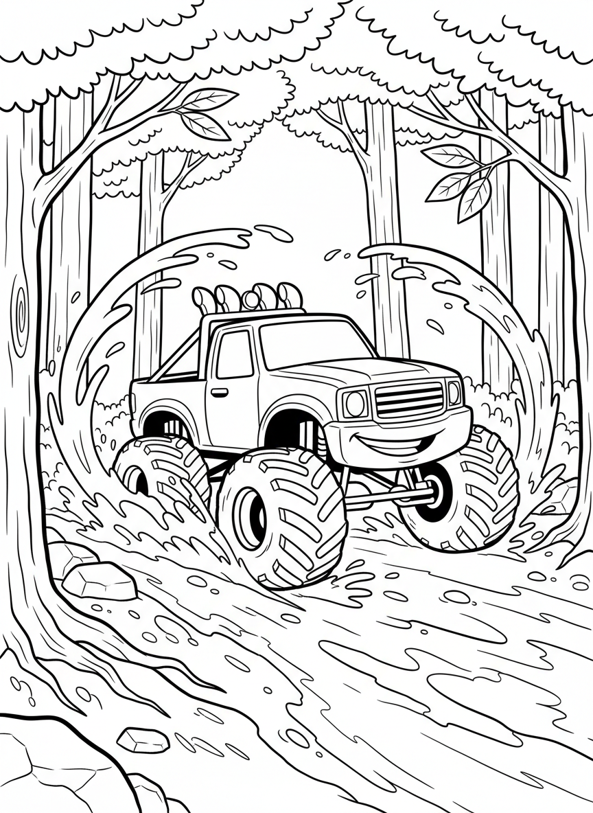 A friendly monster truck with a smiling front grille racing through a muddy trail, splashing mud behind it, outdoor forest setting.