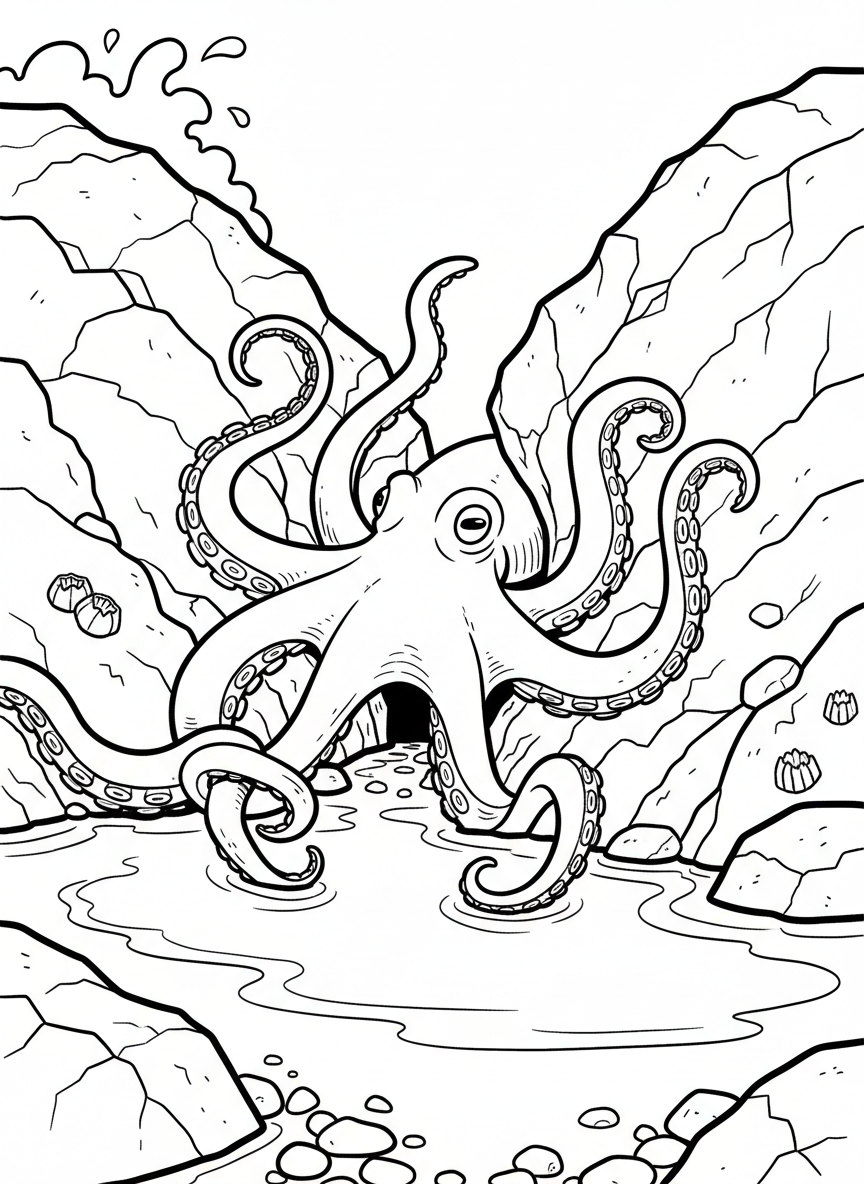 An octopus squeezing through a narrow gap between two rocks in a tide pool, showing its flexible body
