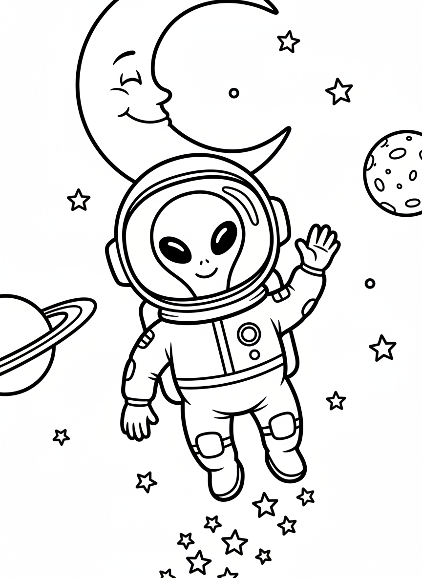 An alien astronaut floating in space surrounded by stars, planets, and a smiling moon, waving at the viewer