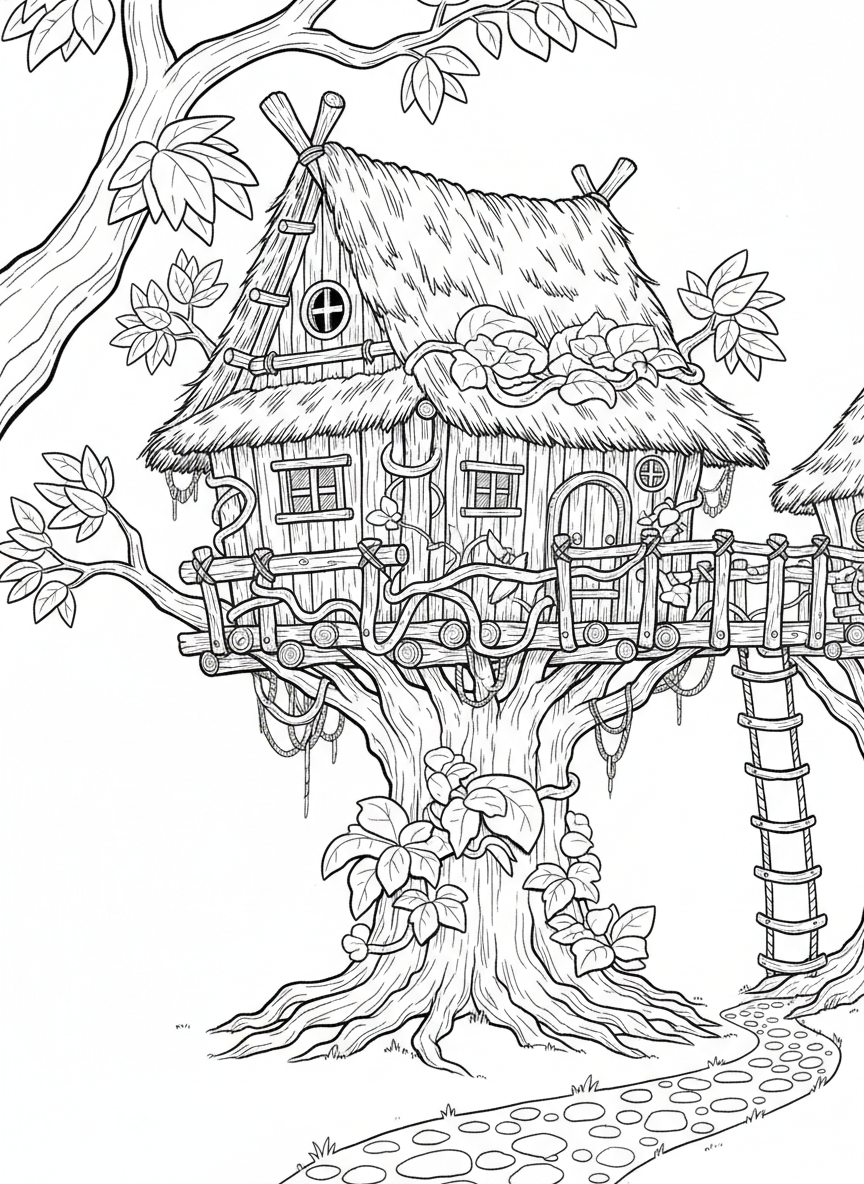 A rustic treehouse made from natural logs and branches, with a thatched roof and vine decorations growing around it.