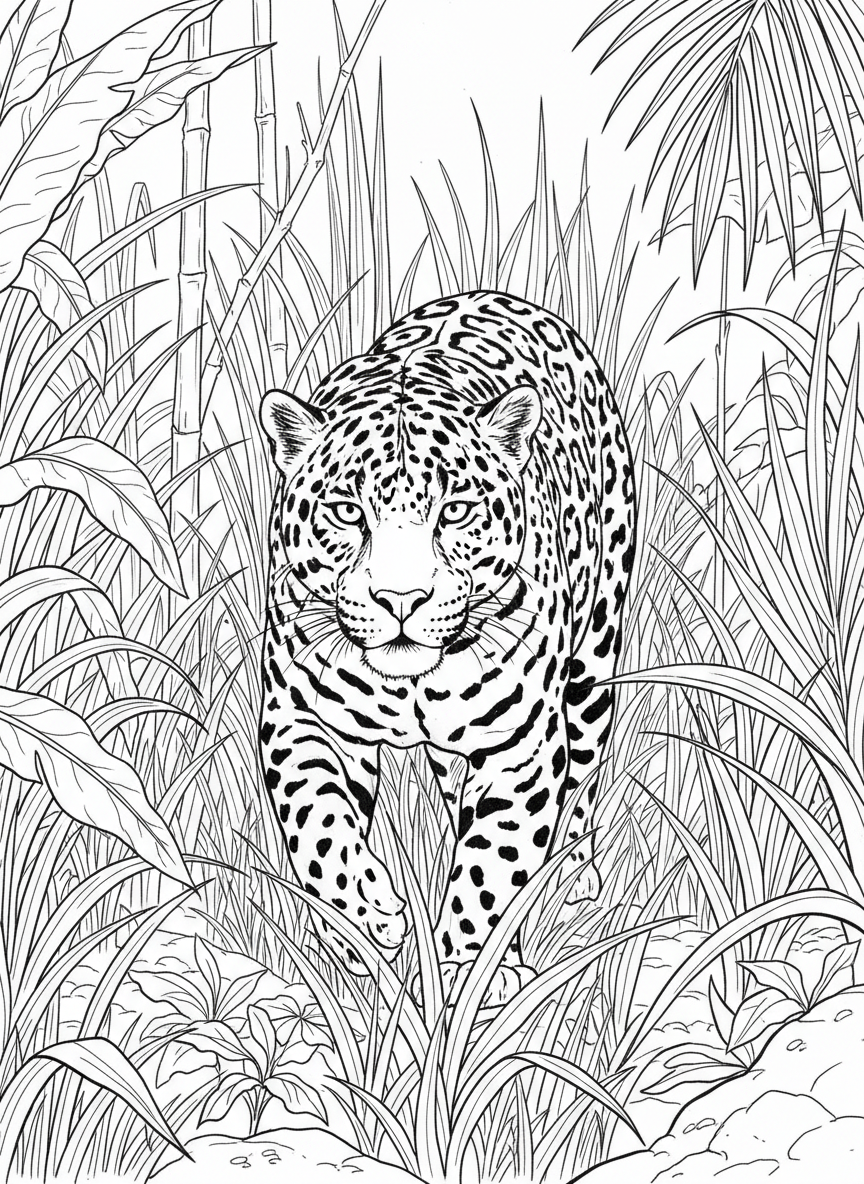 A spotted jaguar walking through tall rainforest grass, with muscular body, distinctive rosette patterns, and alert expression.
