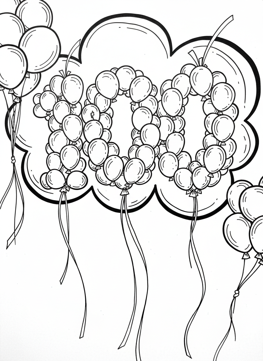 A large number 100 made entirely of colorful balloons floating together, with streamers and ribbons hanging down