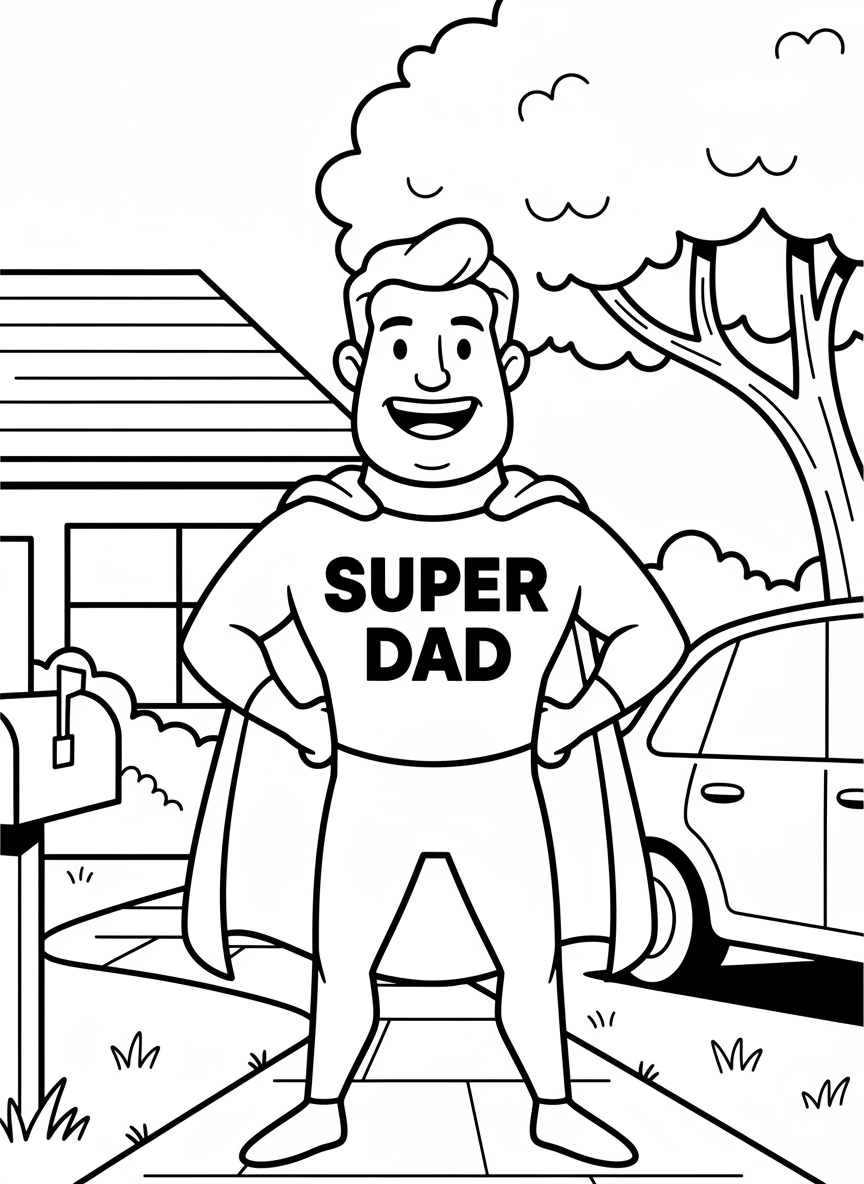 A smiling dad wearing a superhero cape with 'SUPER DAD' written on his chest, standing in a heroic pose with hands on hips.
