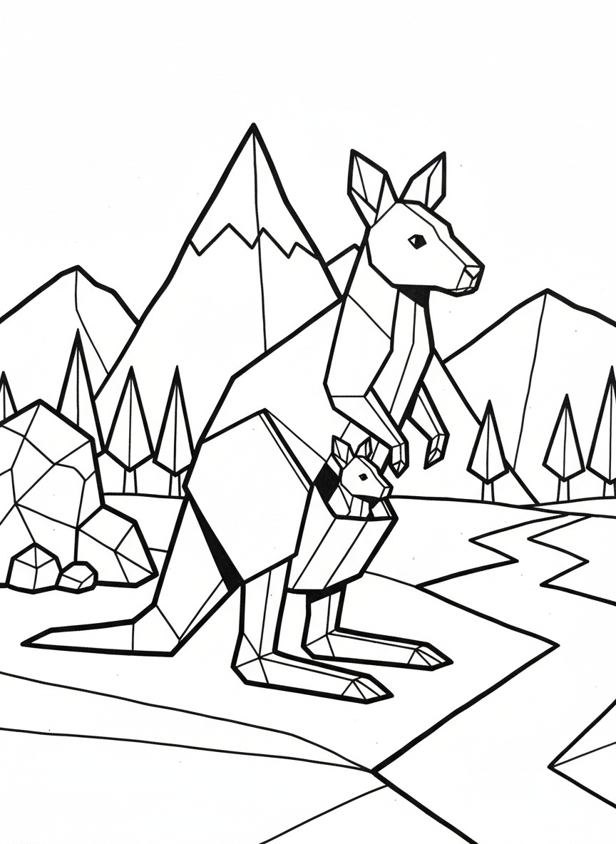 An origami kangaroo with a joey peeking out from its geometric pouch, both made of angular paper folds