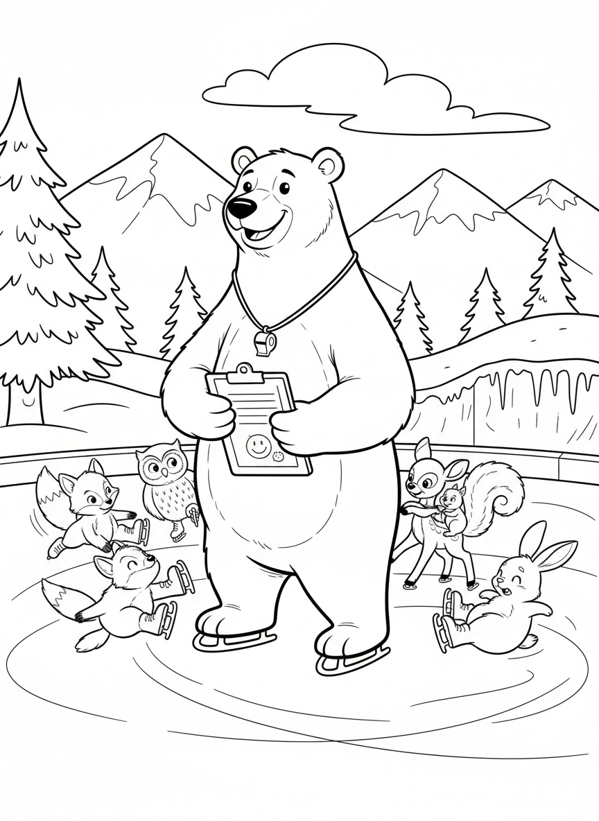 A friendly polar bear coaching a group of small animals in ice skating, holding a clipboard, students wobbling on skates, cute teaching scene.