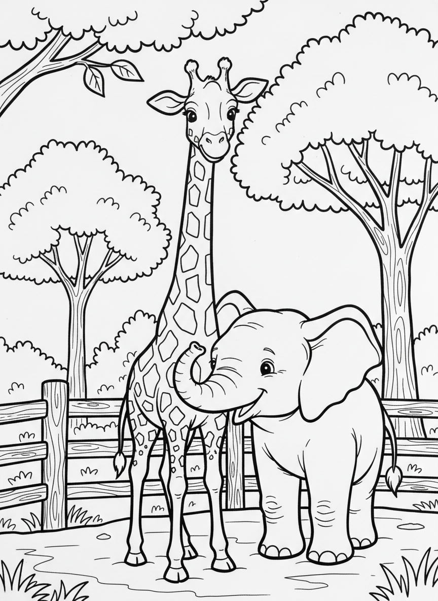 A friendly giraffe and elephant standing together at the Columbus Zoo with trees and a fence in the background, simple line art for coloring