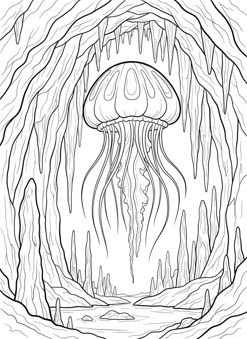 A jellyfish floating peacefully through a tall cave chamber with long stalactites creating a curtain effect around it