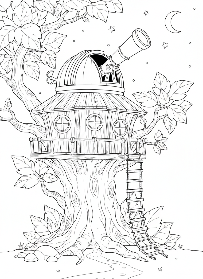 A cozy treehouse with a large telescope pointing toward the night sky, surrounded by leafy branches and a rope ladder hanging down.