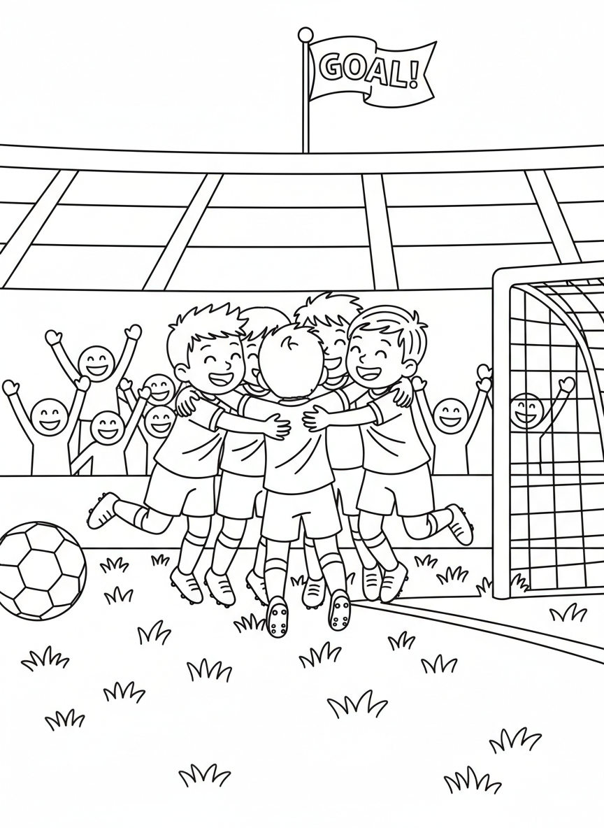 A celebratory moment after a goal, teammates hugging and jumping with joy.