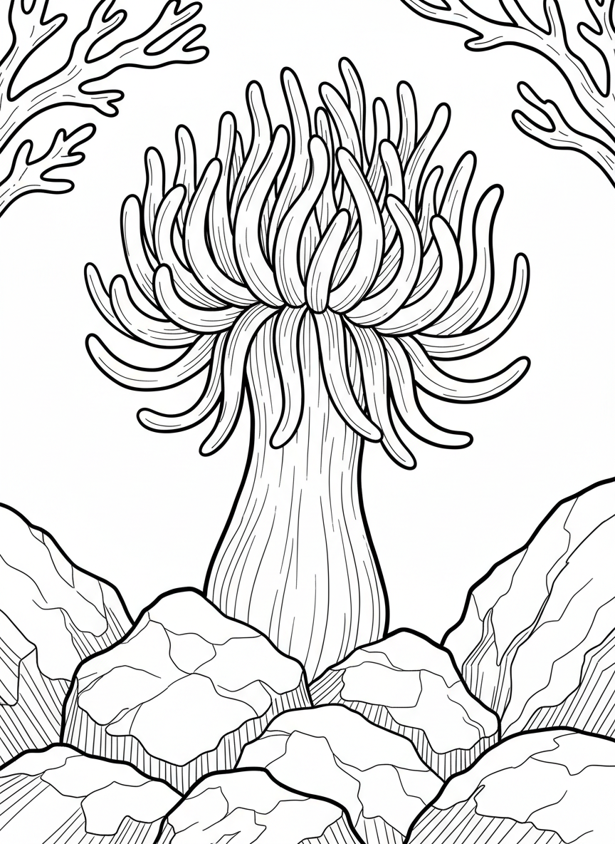 Single giant sea anemone with thick trunk and crown of wavy tentacles, positioned on a textured rock, simple bold outlines