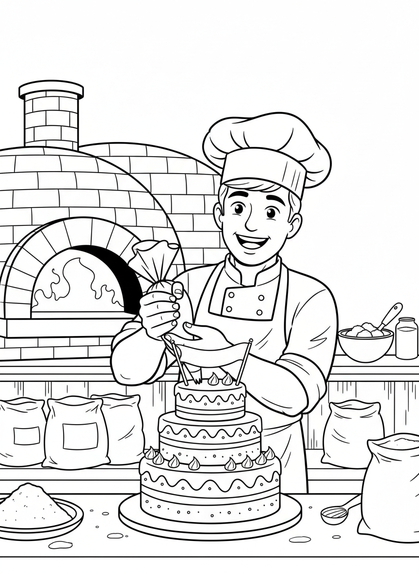 A cheerful baker decorating a three-layer birthday cake with frosting and a piping bag