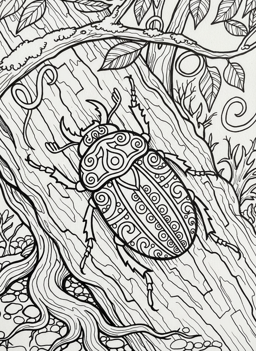 A beetle with a decorative shell pattern crawling on tree bark, intricate details for older kids.