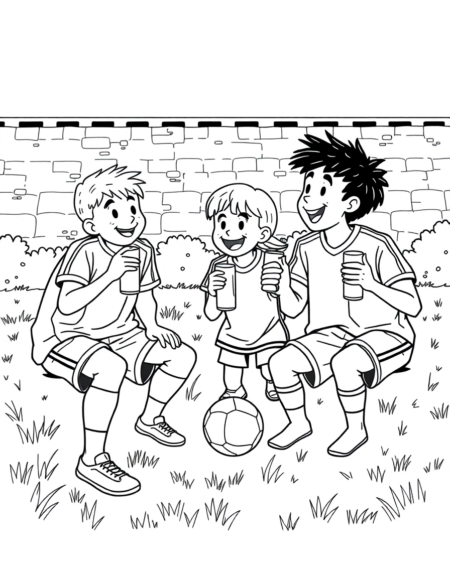 A halftime break with players sipping water and laughing together on the grass.