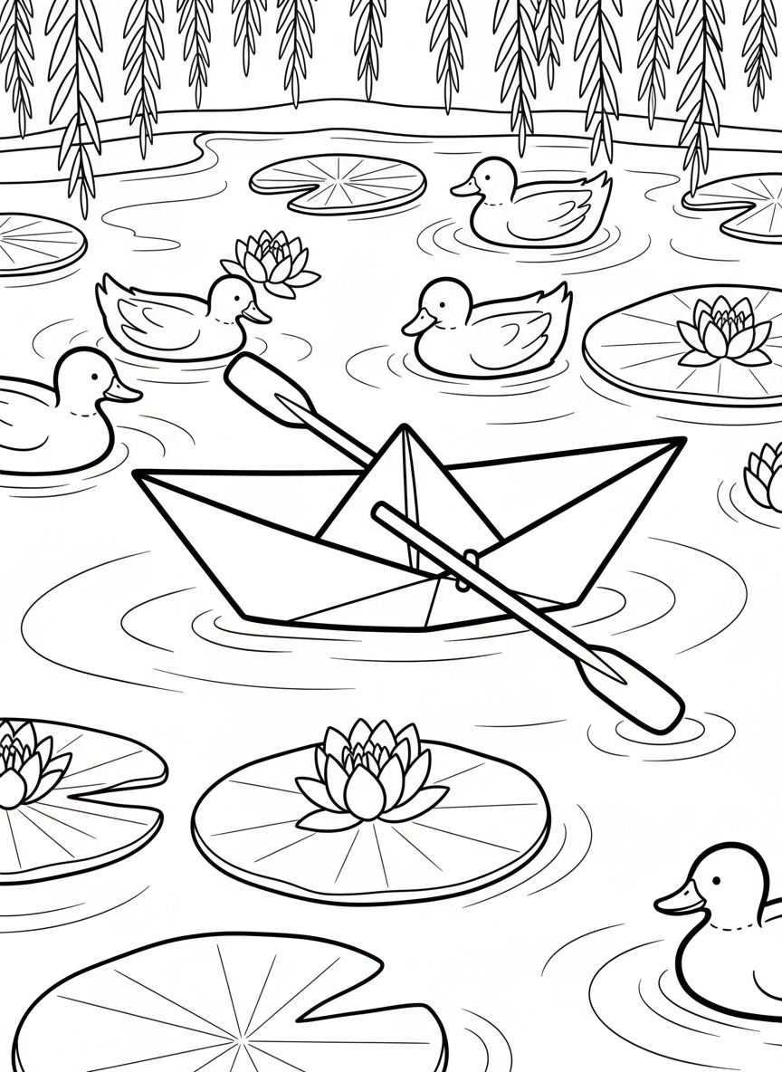 A basic origami rowboat with two oars, floating in a pond with ducks and water lilies for younger children.