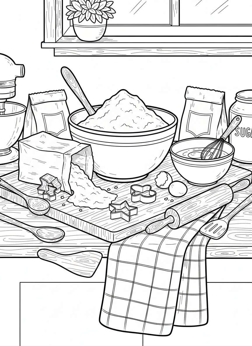 A kitchen counter scene with mixing bowls, wooden spoons, flour bags, and cookie cutters scattered around, ready for baking fun.