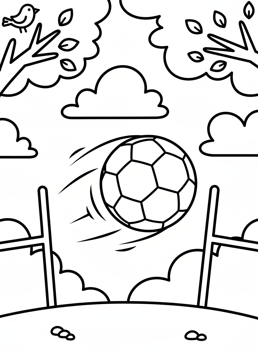 A football flying through the air with motion lines, goalposts in the background, simple composition for younger children.