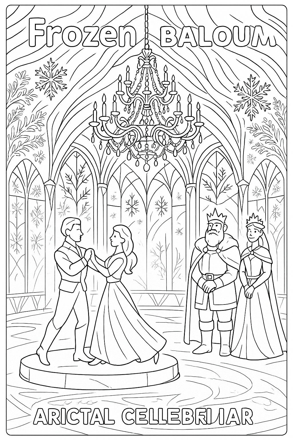 Frozen palace ballroom, ice sculpture dancers, crystal chandelier, frost patterns, polar royalty, aurora ceiling, thick line art, elegant Arctic celebration