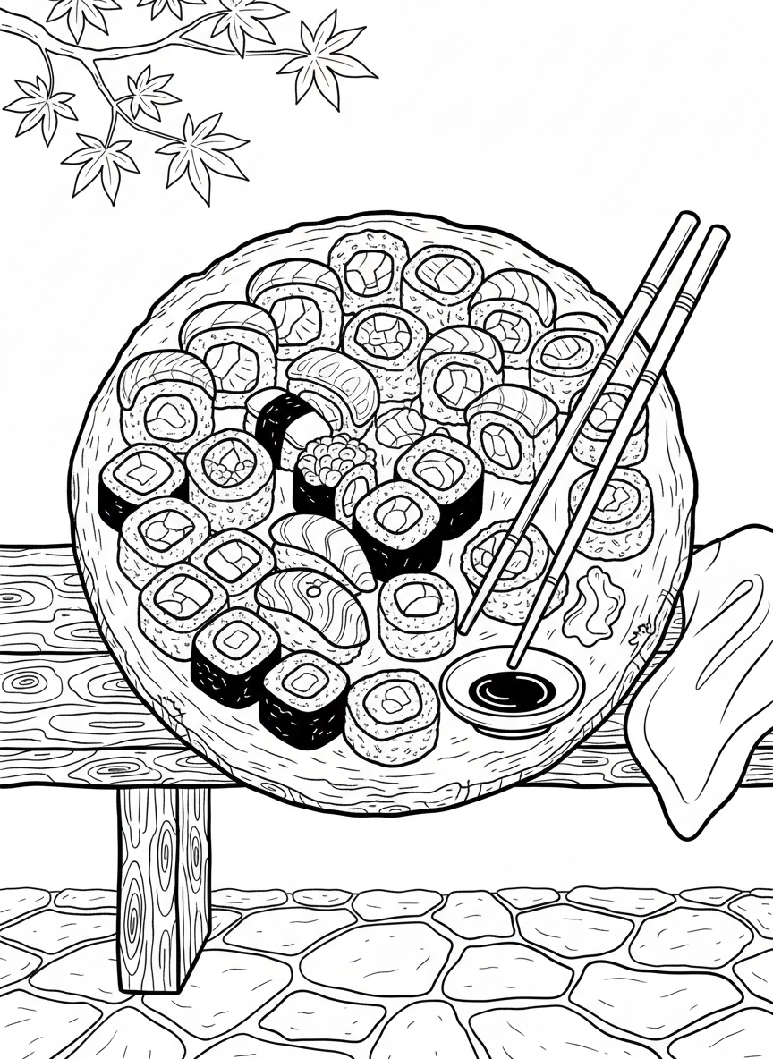 A sushi platter with different rolls, chopsticks, and a small dish of soy sauce arranged neatly.