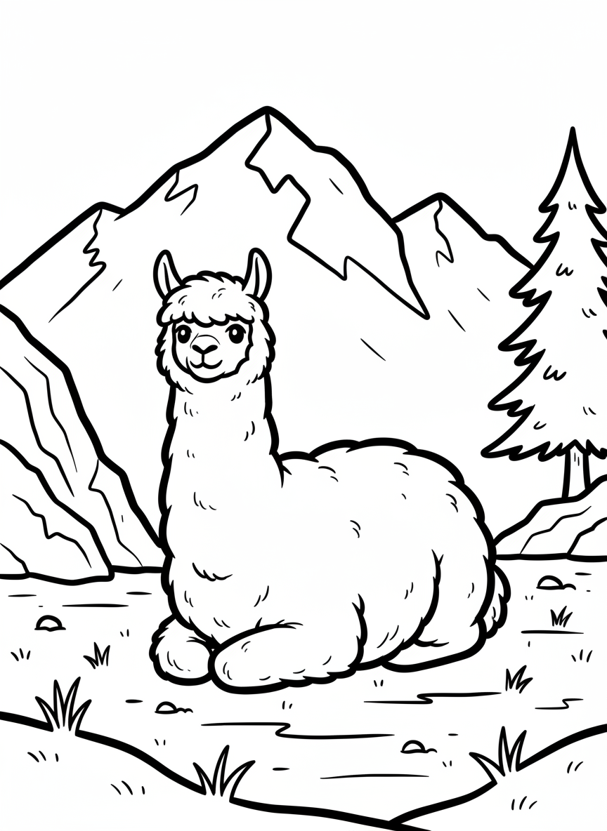 An alpaca sitting down in a relaxed pose, legs folded underneath, with mountains sketched simply in the background.