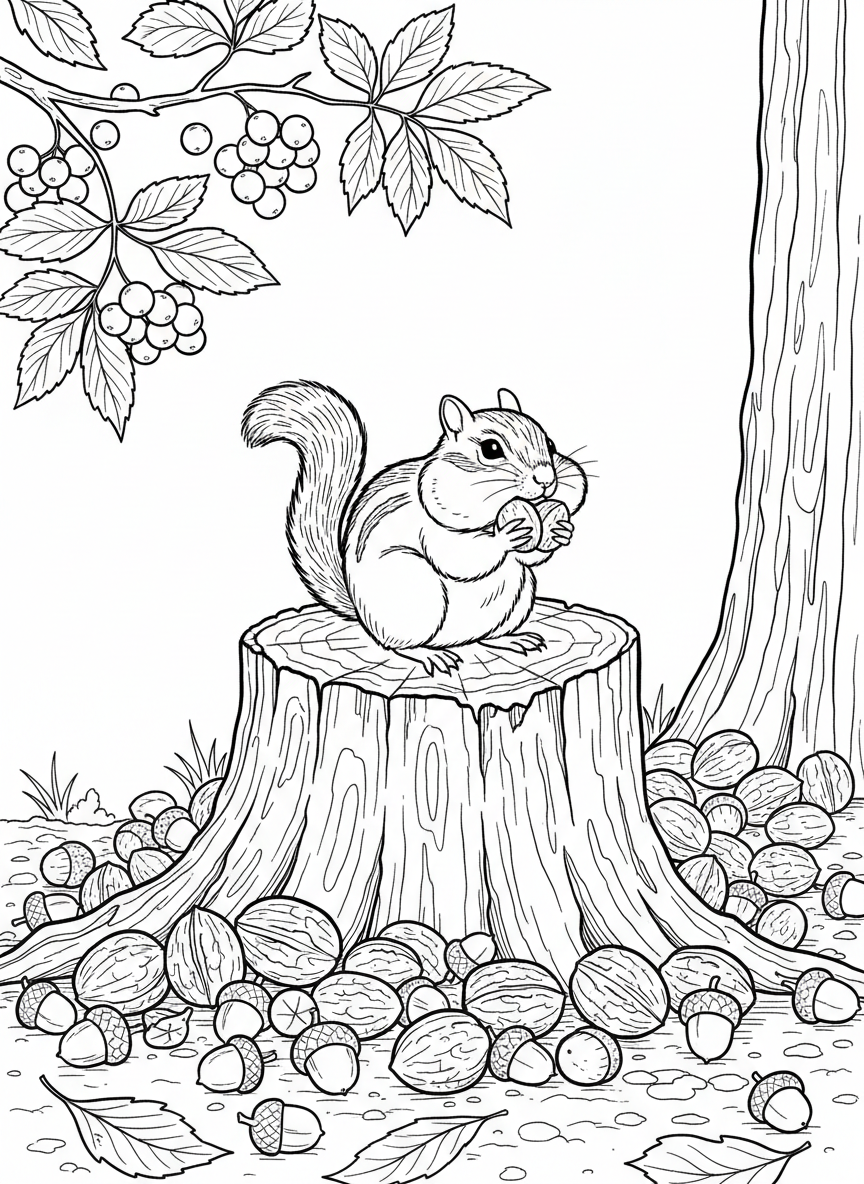 A chipmunk with full cheek pouches sitting on a tree stump, surrounded by nuts and berries.