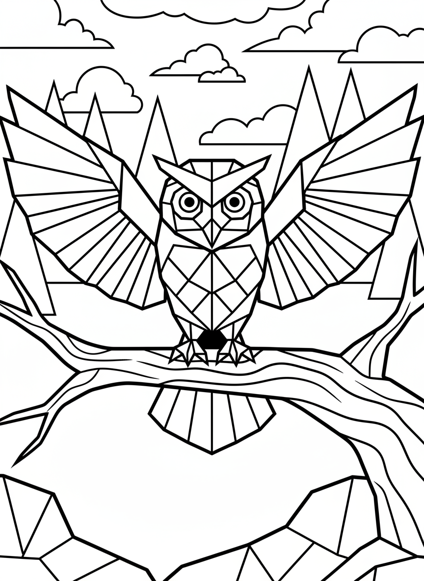 A wise origami owl with spread wings showing detailed geometric feather folds, perched on a simple branch, complex design for older kids.